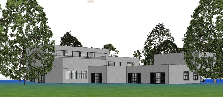 Vue 3D de la maison des compagnons du devoir implantée dans un parc boisé
