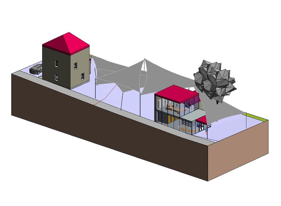 Axonométrie de l'entrée du village de vacances : accueil vitré, logement et toiles d'ombrage