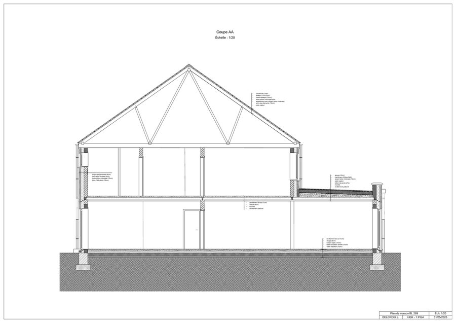 Coupe technique au 1/20 d'une maison avec composition détaillée des parois
